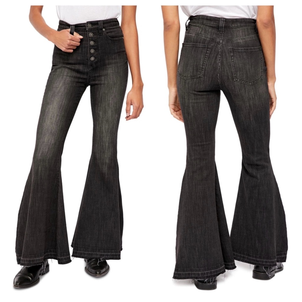 We The Free People Irreplaceable High Waist Flare Jeans Black 32 Womens Boho